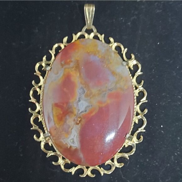 Gold Colored Framed Polished Stone Pendant - Picture 1 of 4